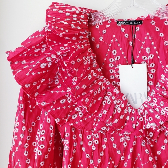 Zara Red Embroidered Eyelet Ruffle Top - Picture 2 of 12